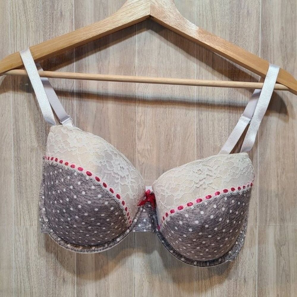 Body Embrace T-Shirt Bra 36D Gray White Polka Dot Lightly Padded Underwire Wire